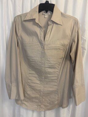 Dressbarn Beige Long Sleeve Button-Down Shirt Pleated Front Large